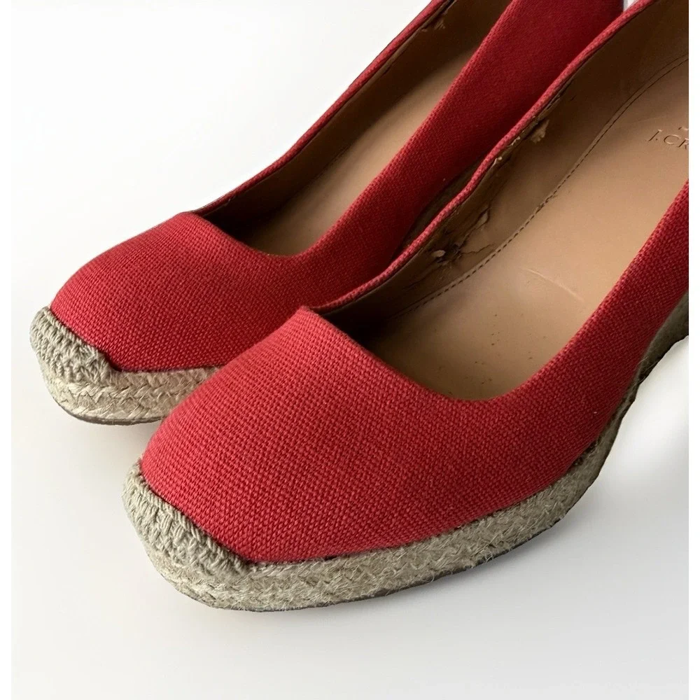 J Crew Seville Espadrille Wedges Red Canvas High Heel Pumps 8 Summer